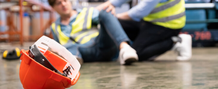 Selective focus at hat, Men worker feel painful and hurt from the accident that happen inside of industrial factory while his co-worker come to give emergency assistance and help. Accident in factory.