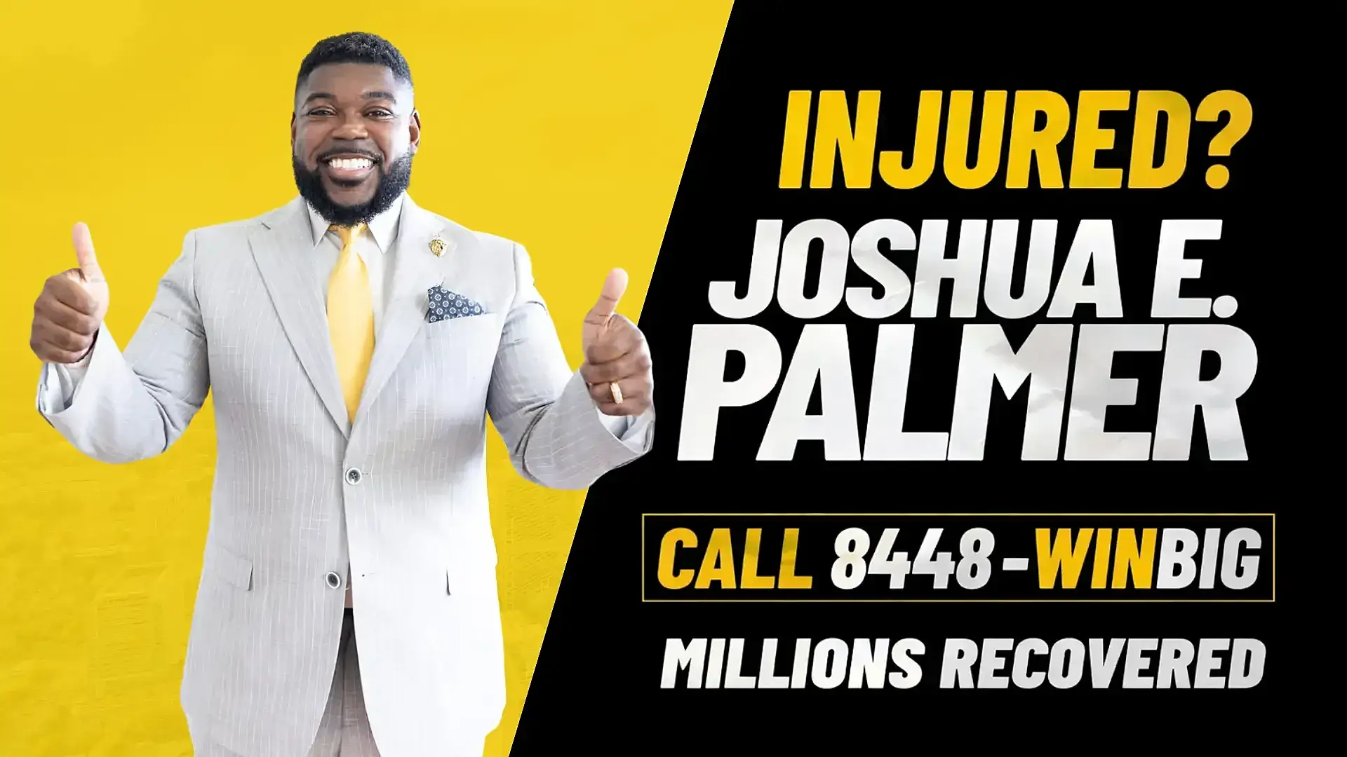 Attorney Joshua E. Palmer, the Warner Robins personal injury lawyer, in the firm's Injured? Call Win Big banner